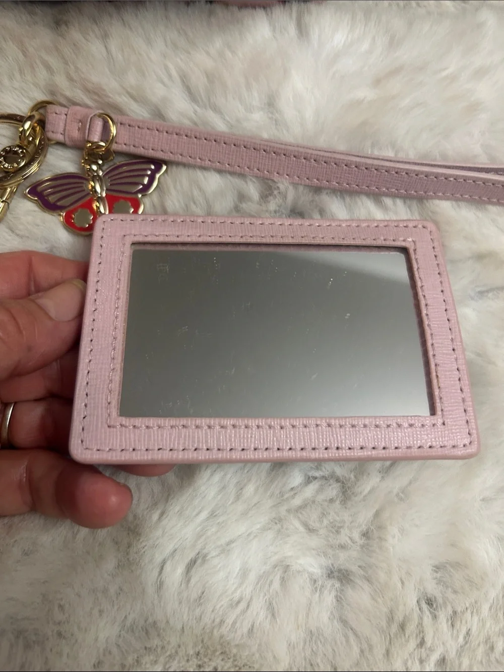 Furla Seasonal pink sticker print canvas clutch, cosmetic bag with mirror/strap